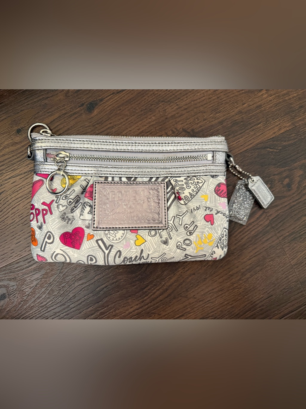 Coach Silver Metallic Graffiti Heart Wristlet Pink & Yellow Accents Like New